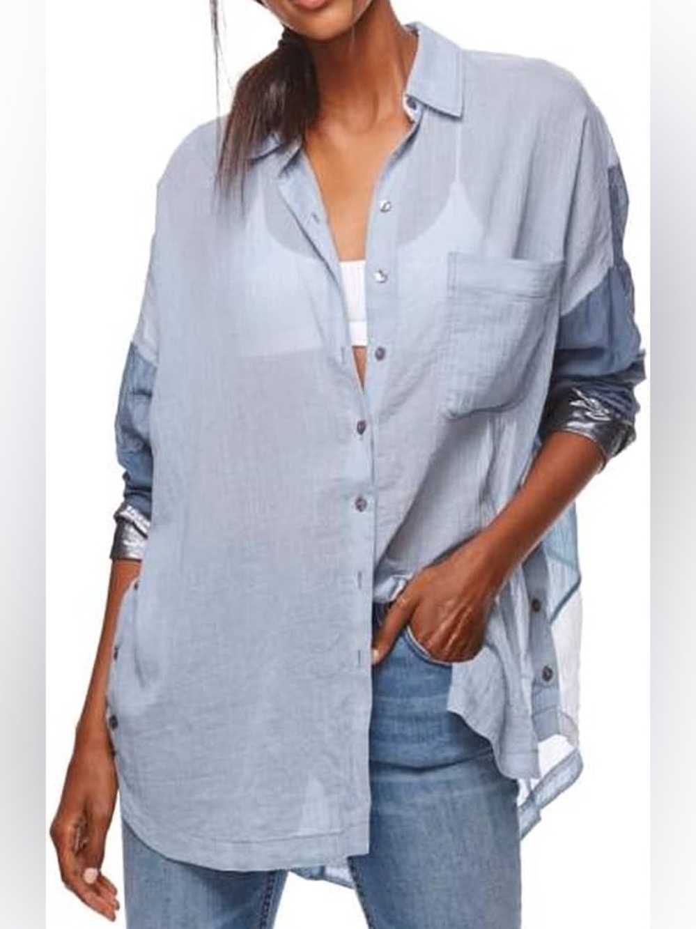 Free People Rainbow Rays Patchwork Gauze Button Down Shirt Sz Med